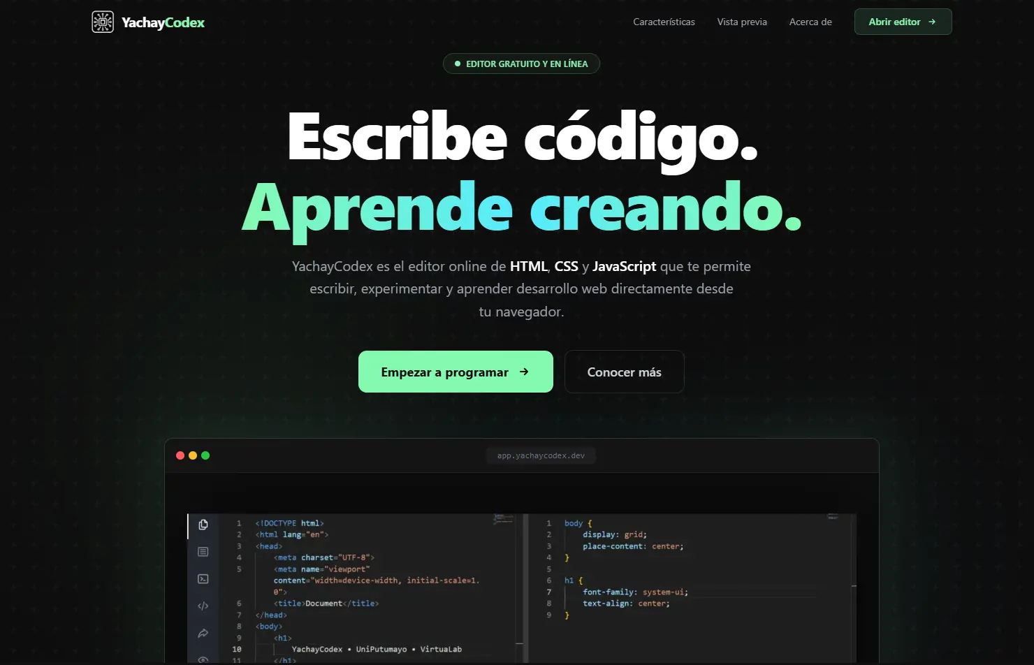 Screenshot de Yachay Codex, editor de código en línea.